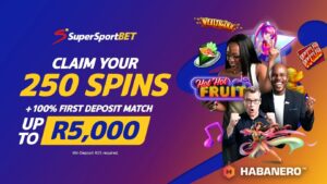 SuperSportBet welcome bonus offering a 100% deposit match up to R5,000, 250 free spins with no wagering requirements, and a R25 bonus bet on sports after a qualifying deposit from R25.